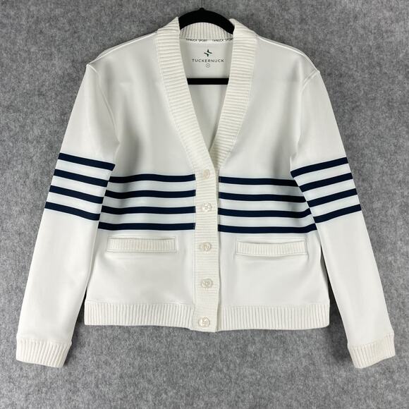 Tuckernuck Sport Charley Cardigan Womens Small White Striped Nautical Preppy - Picture 1 of 14